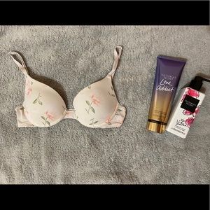 PINK Floral White and Pink Push-Up Bra